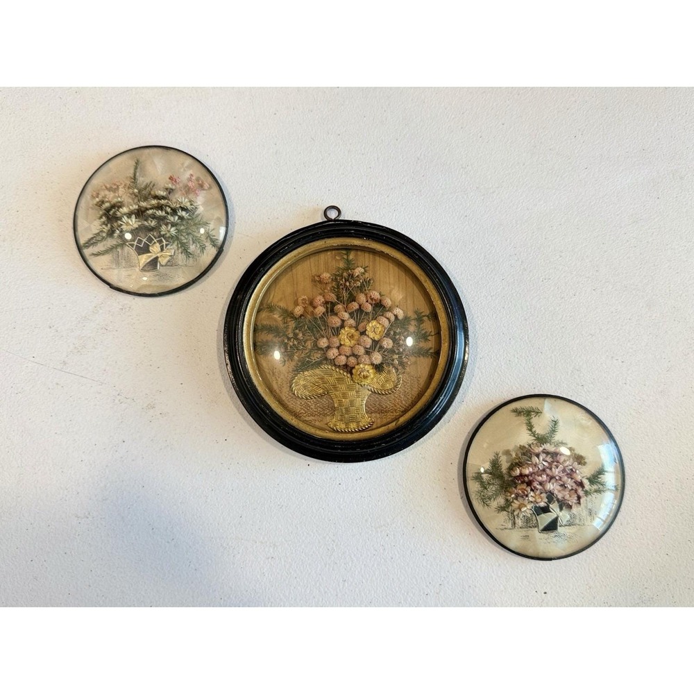 Vintage MCM Dried Flower Art Bouquet Round Convex Glass Wall Decor Set Of 3